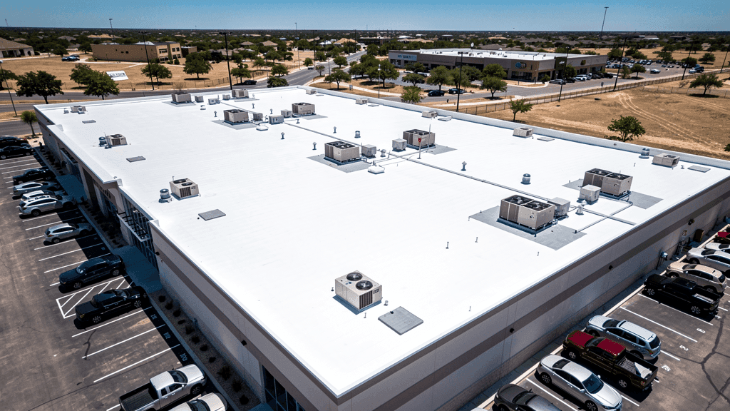 Aerial drone view of completed commercial TPO roof