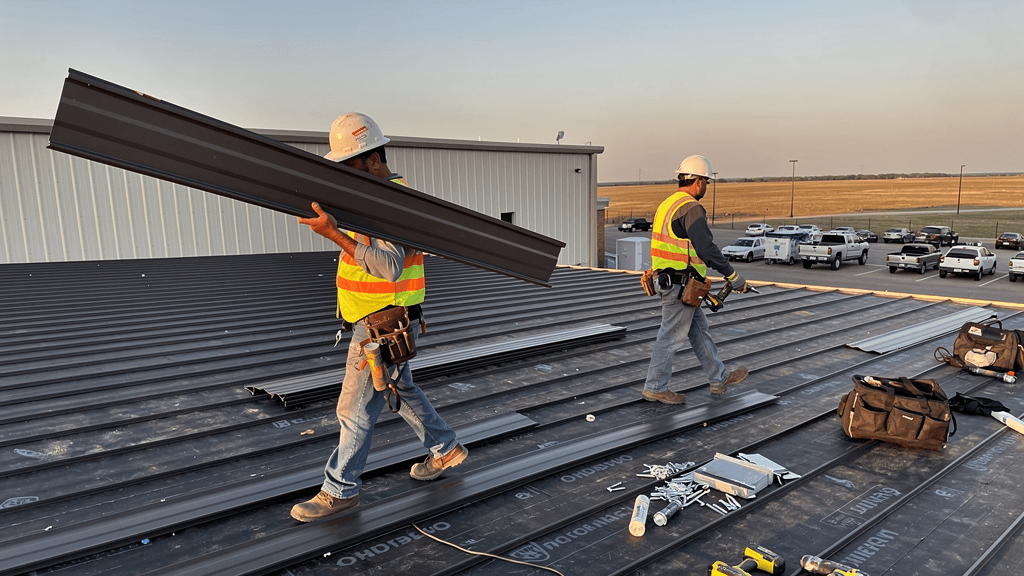 Roofing crew installing metal panels at golden hour