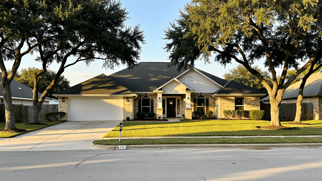 Completed residential ranch home with new roof